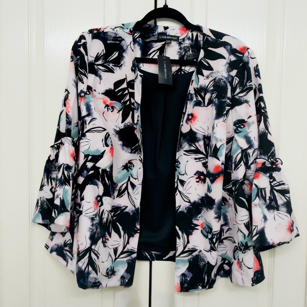 Lane Bryant Blazer Bell 3/4 Sleeve Floral Print Open Front Jacket Sz 14/16 NWT